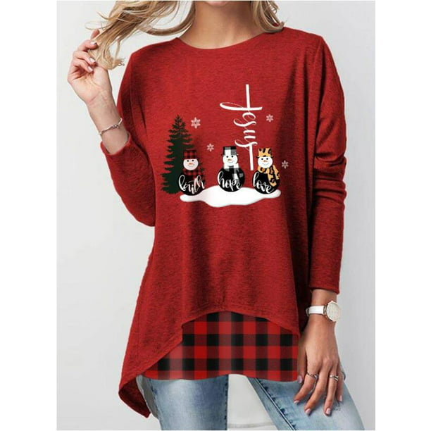 Hopeg Women Pullover Sweatershirt Girl Christmas Loose Long Sleeve Round-Neck Casual Solid T-Shirt Blouse Tops